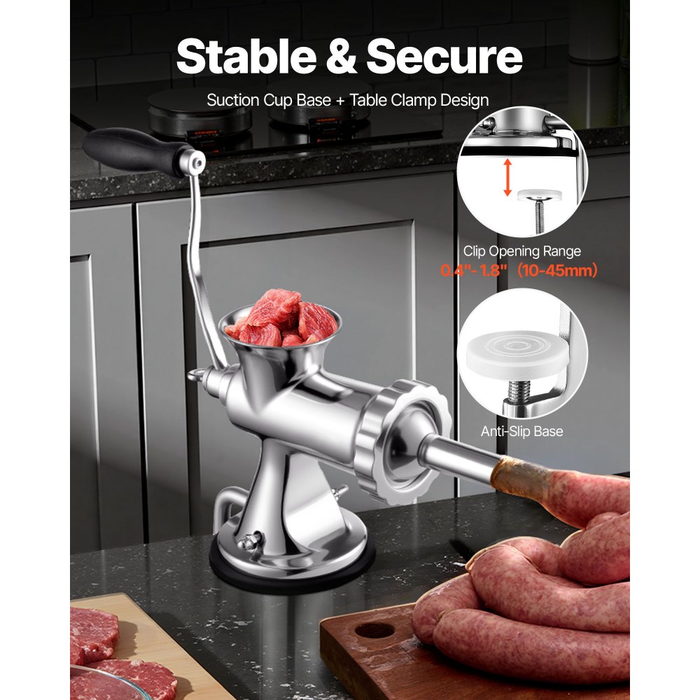 VEVOR manual meat grinder with steel clip fixation in a modern kitchen, showing beef grinding process.