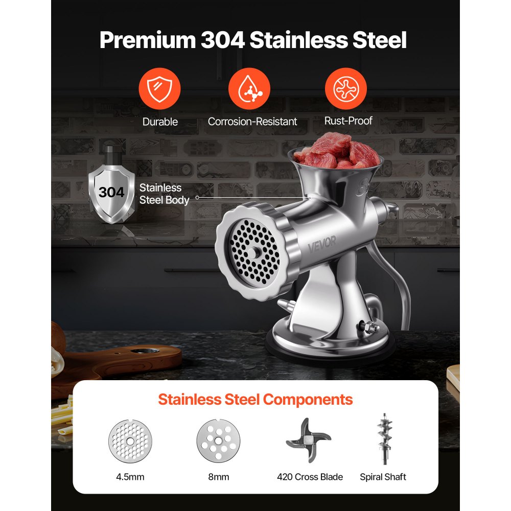 VEVOR Manual Meat Grinder, 304 Stainless Steel Hand Meat Grinder with Suction Cup + Steel Table Clamp, Meat Mincer Sausage Maker & 2 Cutting Plates, Sausage Tube, Grinding Head for Beef Pepper Cookie