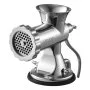 VEVOR manual meat grinder attached to a wooden countertop with a hand crank handle.