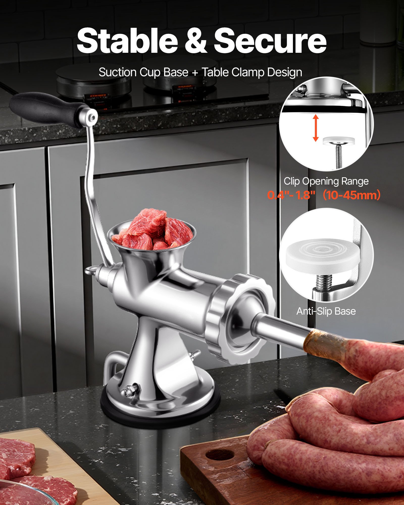 VEVOR manual meat grinder with steel clip fixation in a modern kitchen, showing beef grinding process.