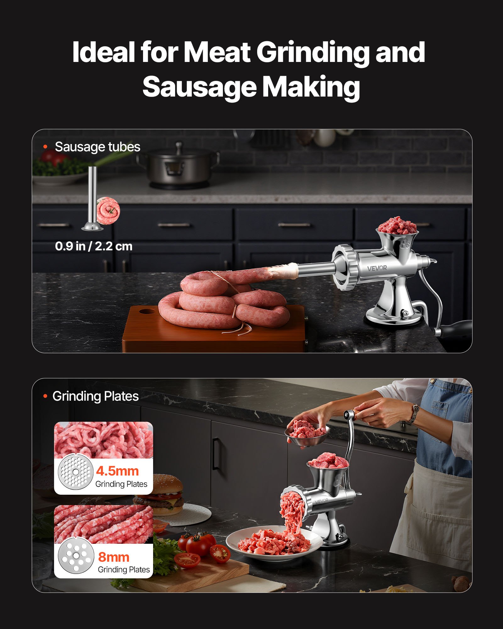 person cleaning detachable parts of a VEVOR manual meat grinder under a kitchen faucet.