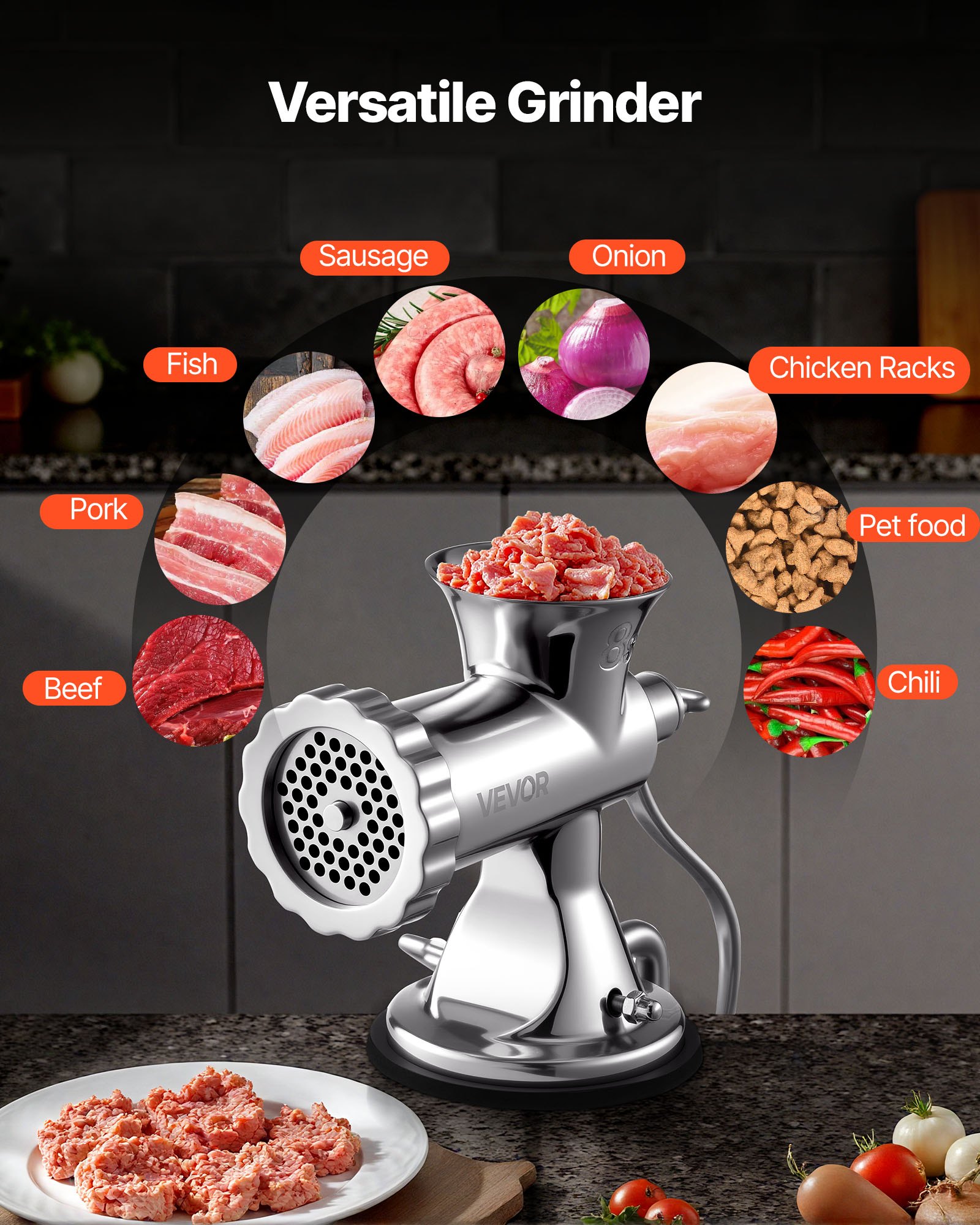 VEVOR manual meat grinder in kitchen grinding carrots, beef, and peppercorns.