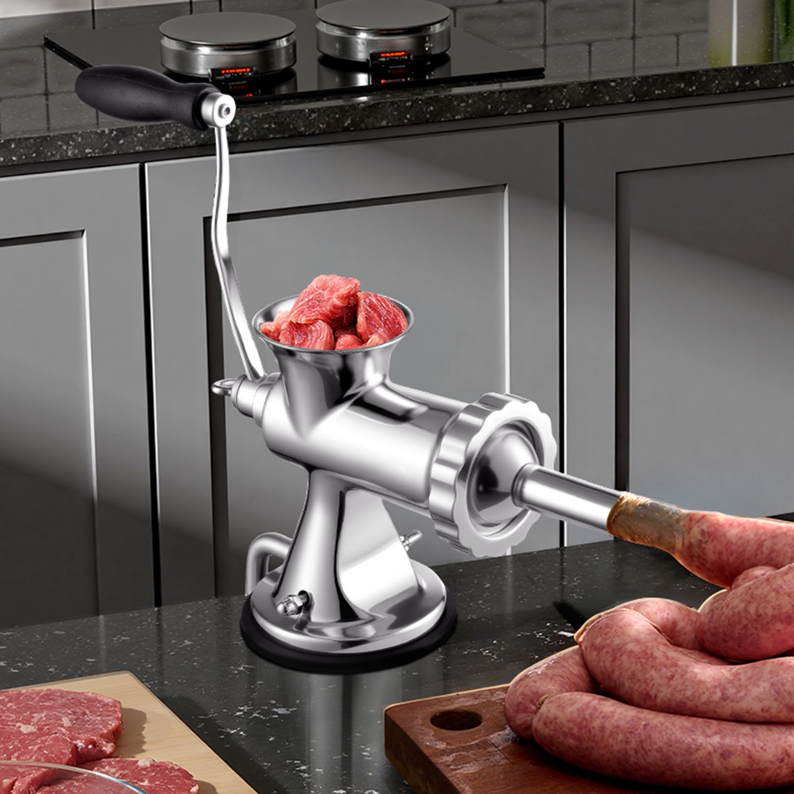 VEVOR manual meat grinder processing red peppers on a wooden kitchen counter.