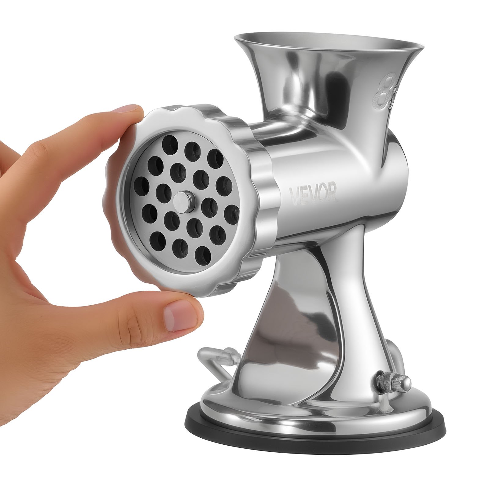 stainless steel VEVOR manual meat grinder with black handle and hand crank.