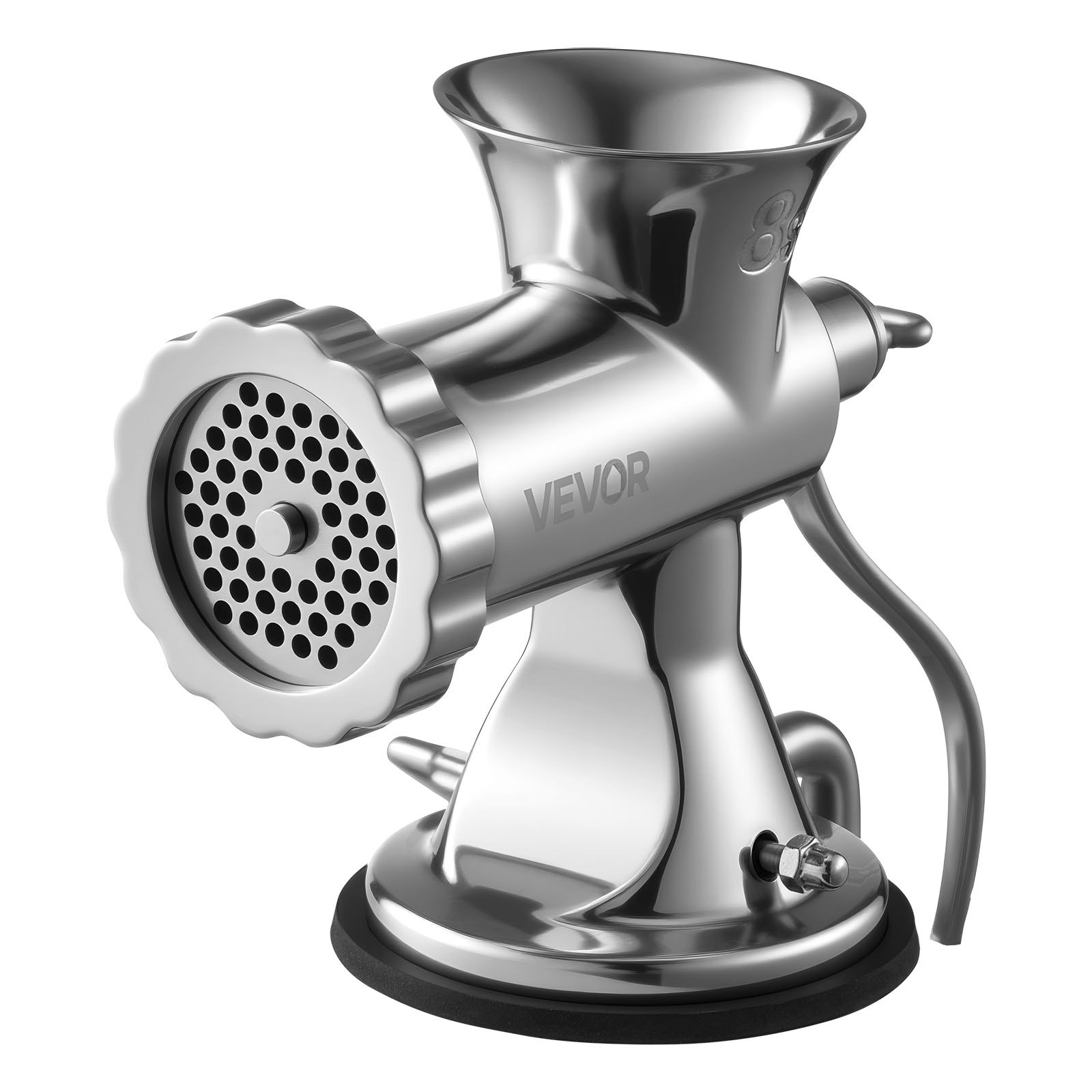 VEVOR manual meat grinder attached to a wooden countertop with a hand crank handle.
