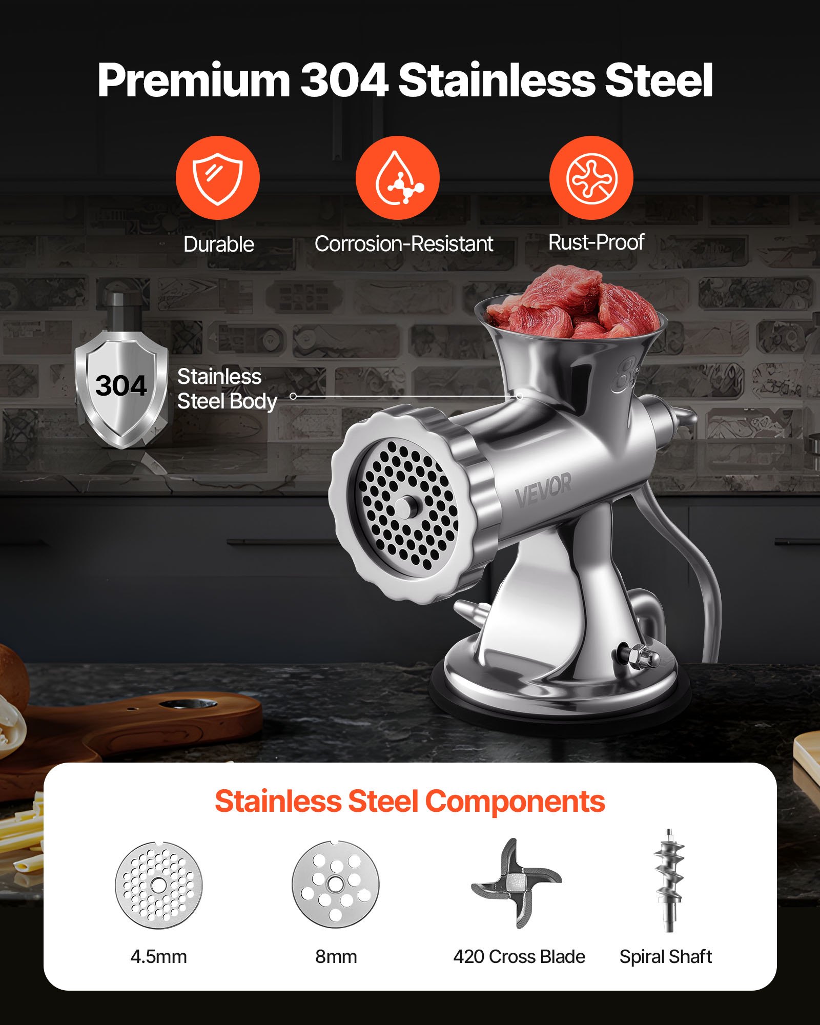 VEVOR Manual Meat Grinder, 304 Stainless Steel Hand Meat Grinder with Suction Cup + Steel Table Clamp, Meat Mincer Sausage Maker & 2 Cutting Plates, Sausage Tube, Grinding Head for Beef Pepper Cookie