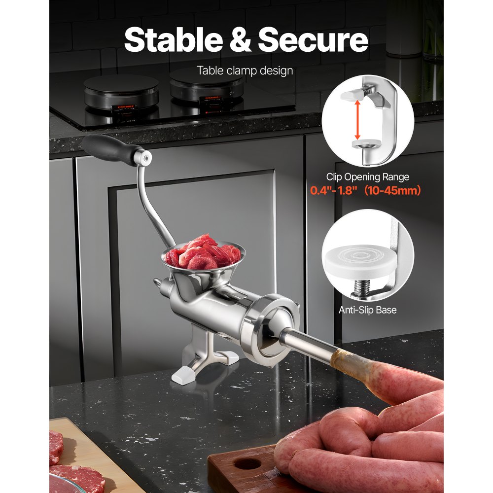 VEVOR Manual Meat Grinder, 304 Stainless Steel Hand Meat Grinder with Steel Table Clamp, Meat Mincer Sausage Maker & 2 Cutting Plates, Cookie Attachment, Sausage Tube for Beef Pepper Mushroom Cookie