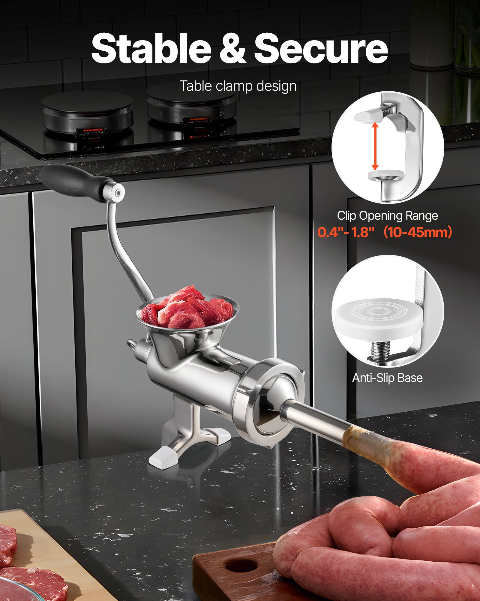 VEVOR Manual Meat Grinder, 304 Stainless Steel Hand Meat Grinder with Steel Table Clamp, Meat Mincer Sausage Maker & 2 Cutting Plates, Cookie Attachment, Sausage Tube for Beef Pepper Mushroom Cookie