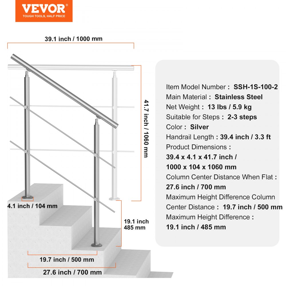 VEVOR 100.1 cm Handrails for Outdoor Steps 2 Crossbars Staircase for Porch Deck