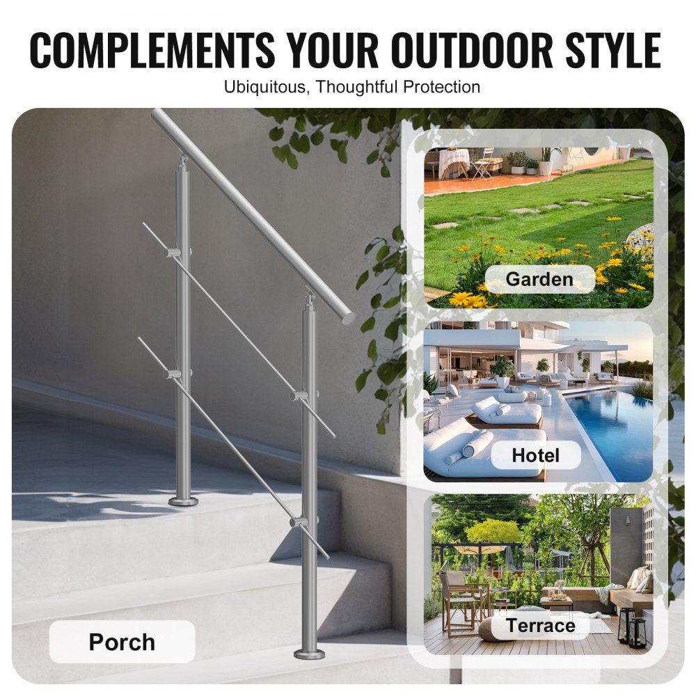 VEVOR Handrails for Outdoor Steps, 100cm Length 2 Crossbars Stair Hand Rail Kit, Transitional Stainless Steel Railings w/ Installation Kit, Double-column Staircase Handrails for Seniors,Porch & Deck