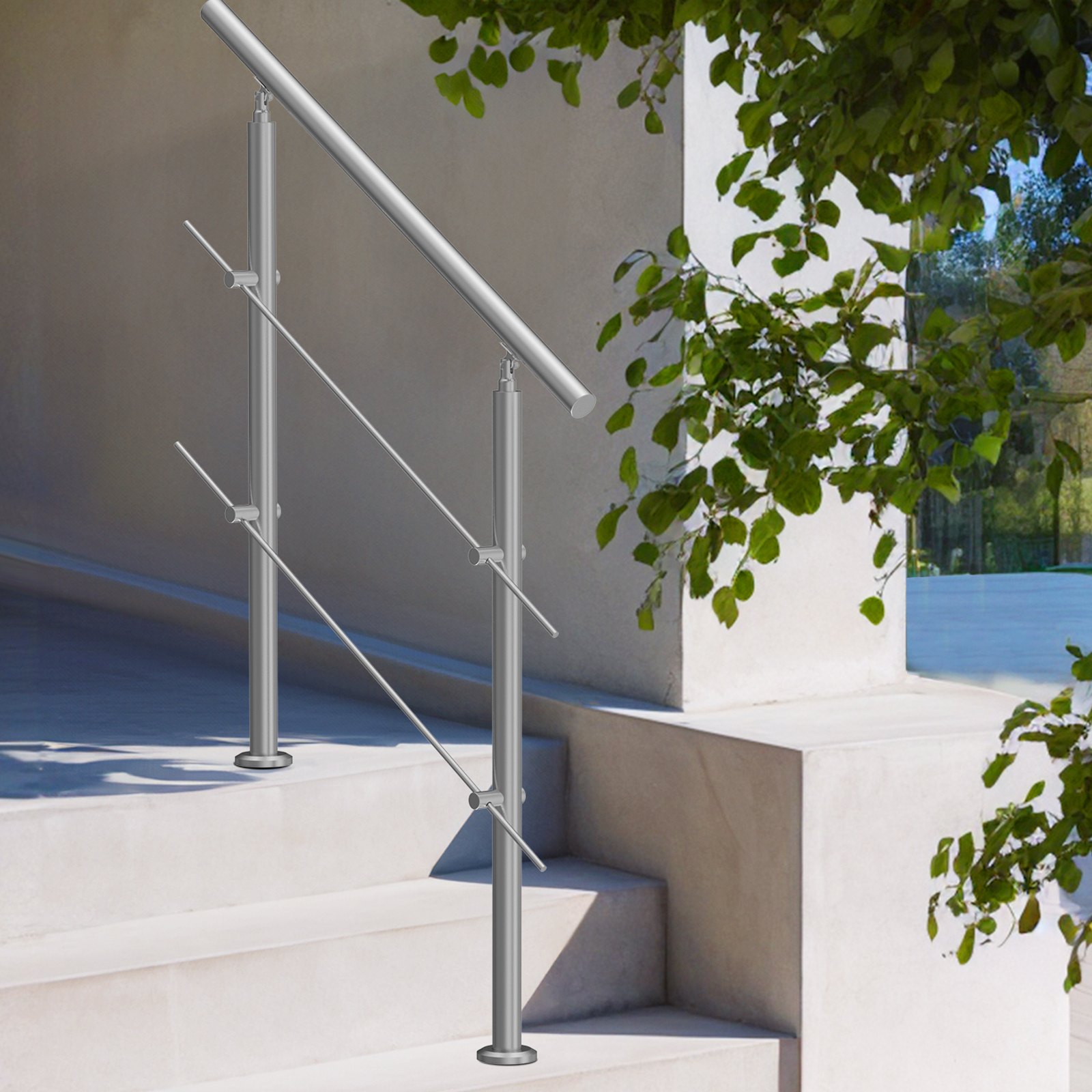 VEVOR Handrails for Outdoor Steps, 100cm Length 2 Crossbars Stair Hand Rail Kit, Transitional Stainless Steel Railings w/ Installation Kit, Double-column Staircase Handrails for Seniors,Porch & Deck
