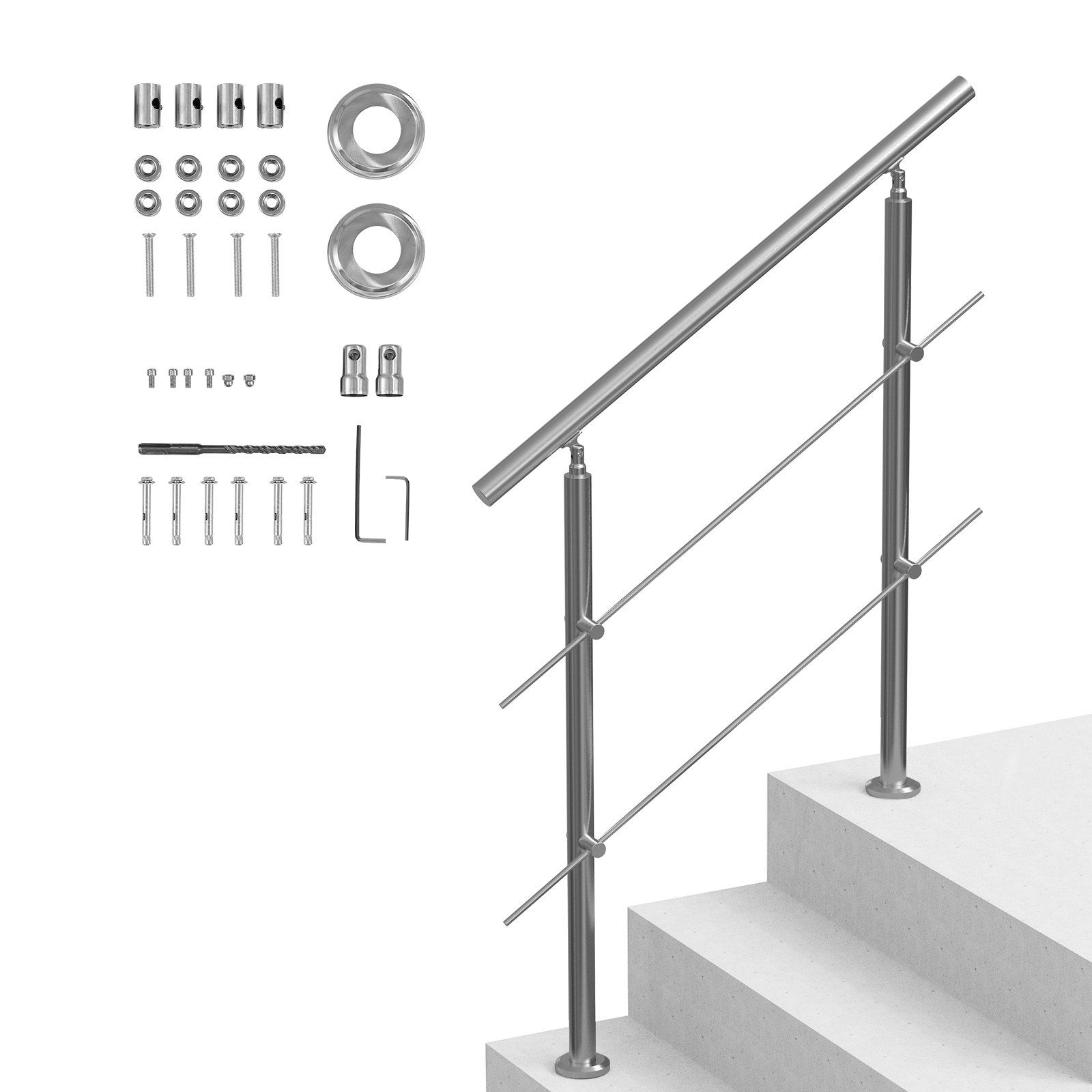 VEVOR Handrails for Outdoor Steps, 100cm Length 2 Crossbars Stair Hand Rail Kit, Transitional Stainless Steel Railings w/ Installation Kit, Double-column Staircase Handrails for Seniors,Porch & Deck