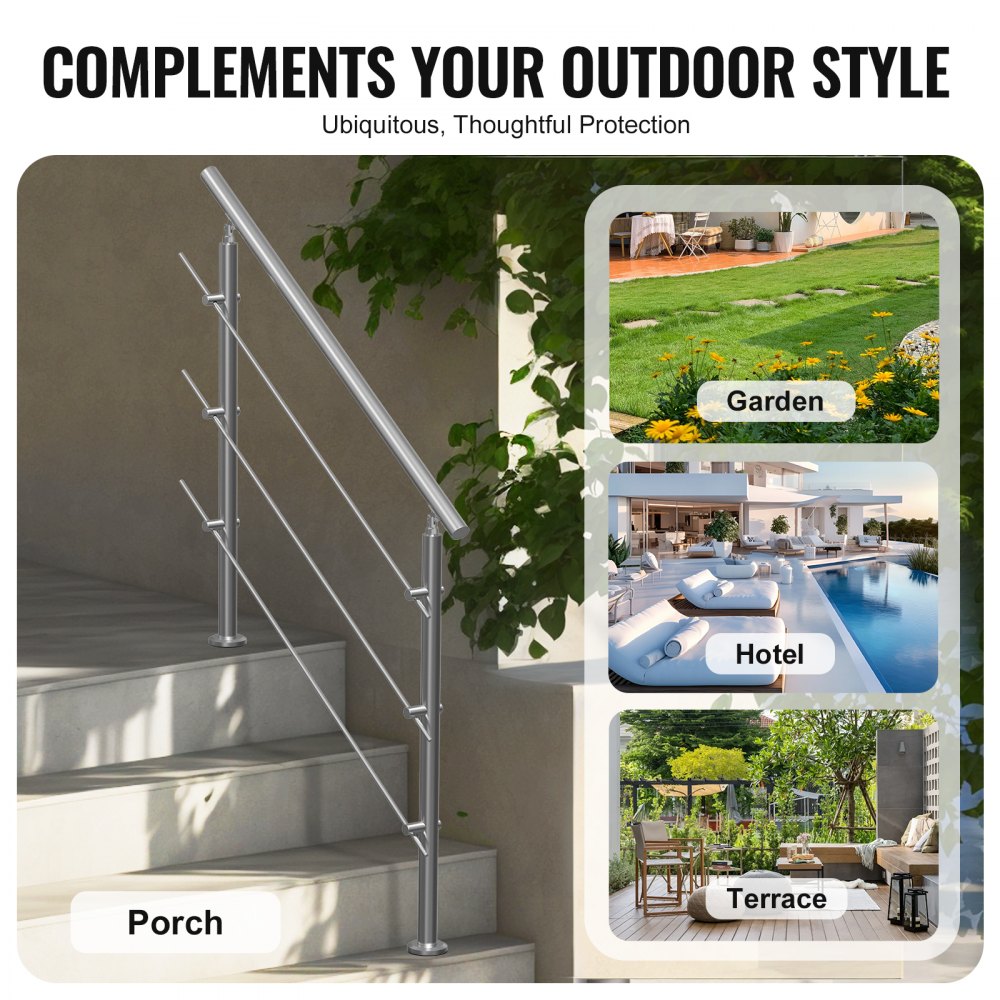VEVOR Handrails for Outdoor Steps, 47.2in Length 3 Crossbars Stair Hand Rail Kit, Transitional Stainless Steel Railings w/ Installation Kit, Double-column Staircase Handrails for Seniors,Porch & Deck