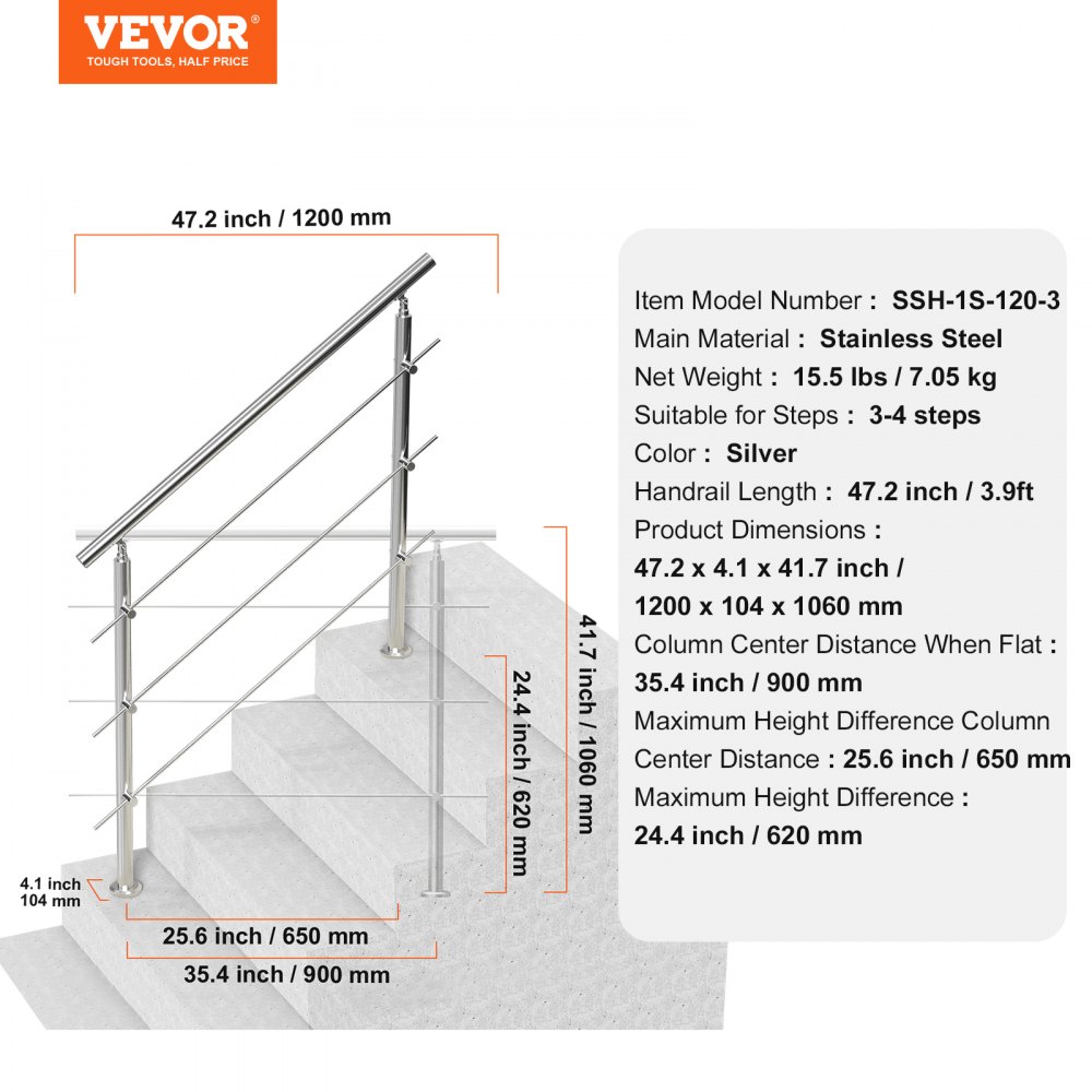 VEVOR Handrails for Outdoor Steps, 47.2in Length 3 Crossbars Stair Hand Rail Kit, Transitional Stainless Steel Railings w/ Installation Kit, Double-column Staircase Handrails for Seniors,Porch & Deck