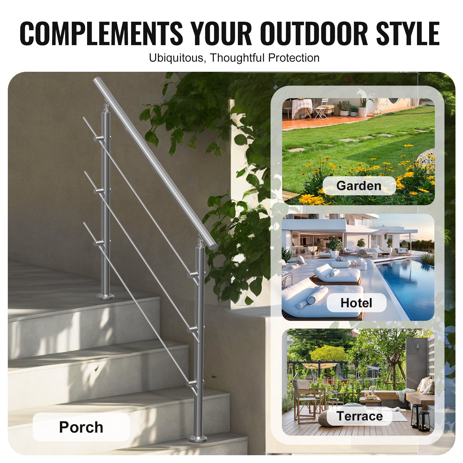 VEVOR Handrails for Outdoor Steps, 47.2in Length 3 Crossbars Stair Hand Rail Kit, Transitional Stainless Steel Railings w/ Installation Kit, Double-column Staircase Handrails for Seniors,Porch & Deck
