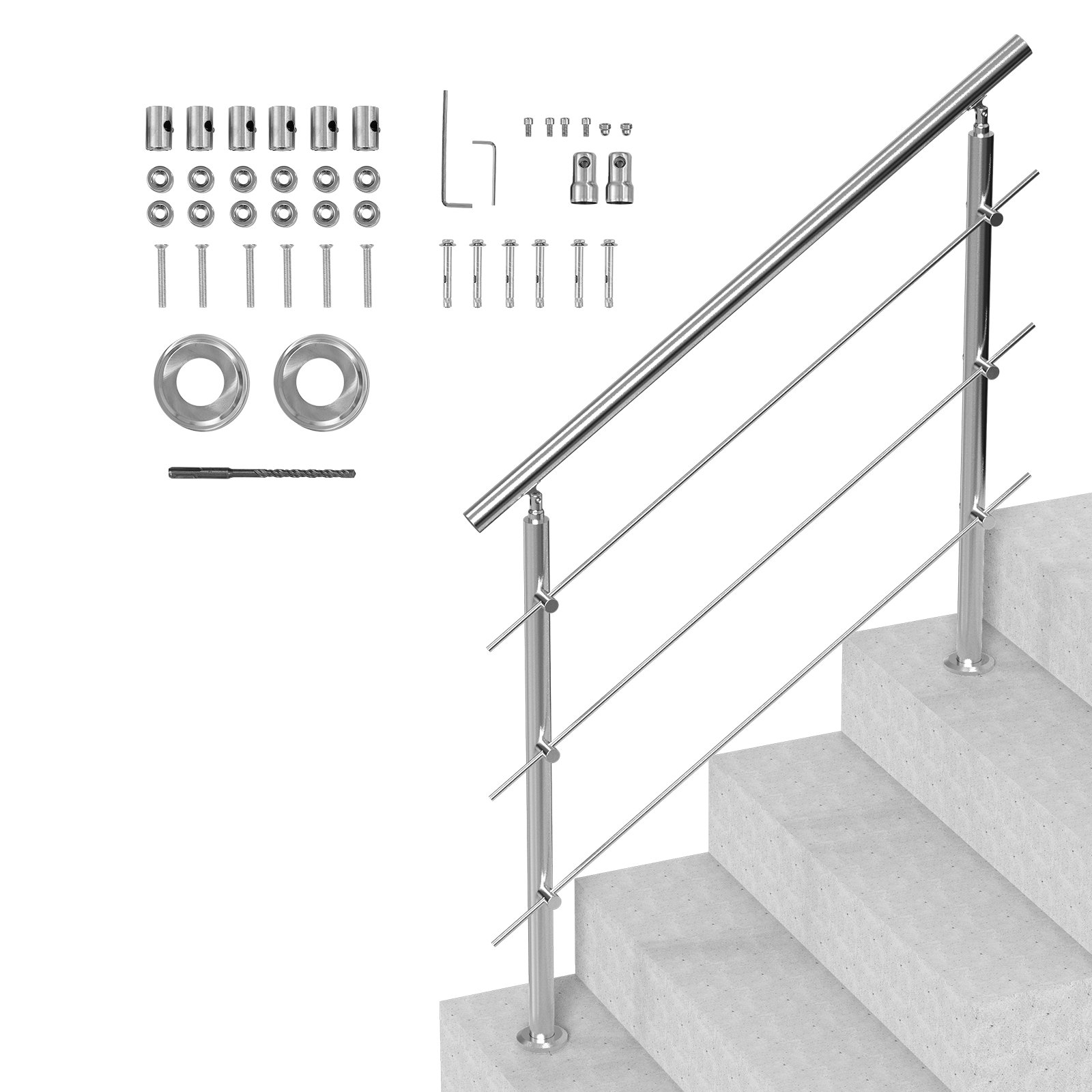 VEVOR Handrails for Outdoor Steps, 47.2in Length 3 Crossbars Stair Hand Rail Kit, Transitional Stainless Steel Railings w/ Installation Kit, Double-column Staircase Handrails for Seniors,Porch & Deck