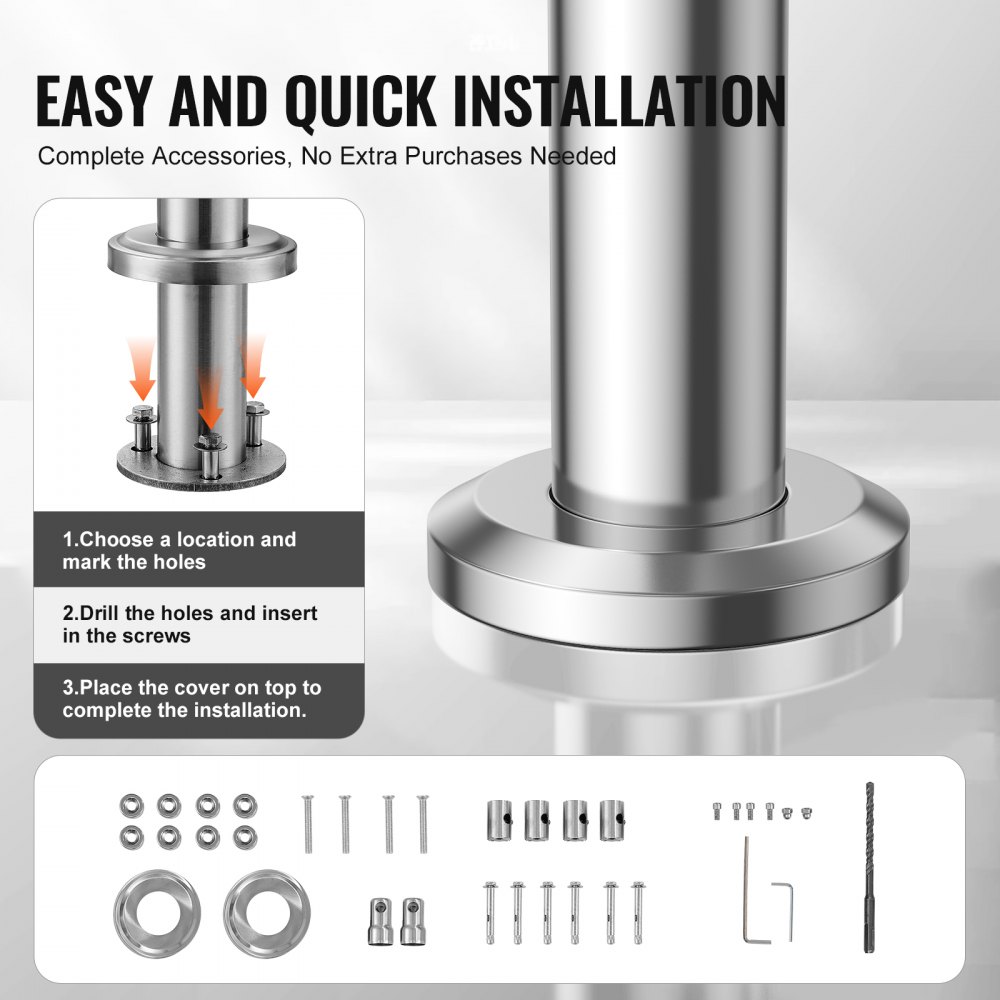 VEVOR Handrails for Outdoor Steps, 120cm Length 2 Crossbars Stair Hand Rail Kit, Transitional Stainless Steel Railings w/ Installation Kit, Double-column Staircase Handrails for Seniors,Porch & Deck