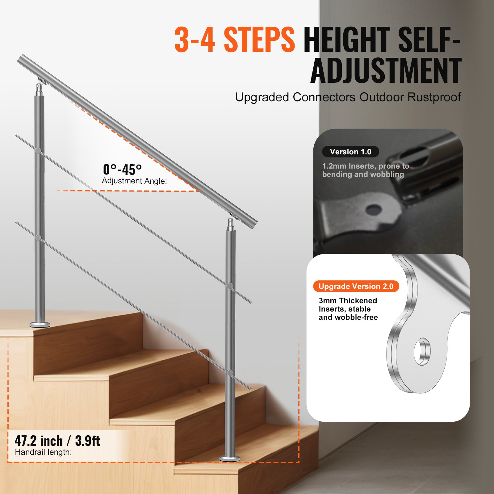 VEVOR Handrails for Outdoor Steps, 120cm Length 2 Crossbars Stair Hand Rail Kit, Transitional Stainless Steel Railings w/ Installation Kit, Double-column Staircase Handrails for Seniors,Porch & Deck