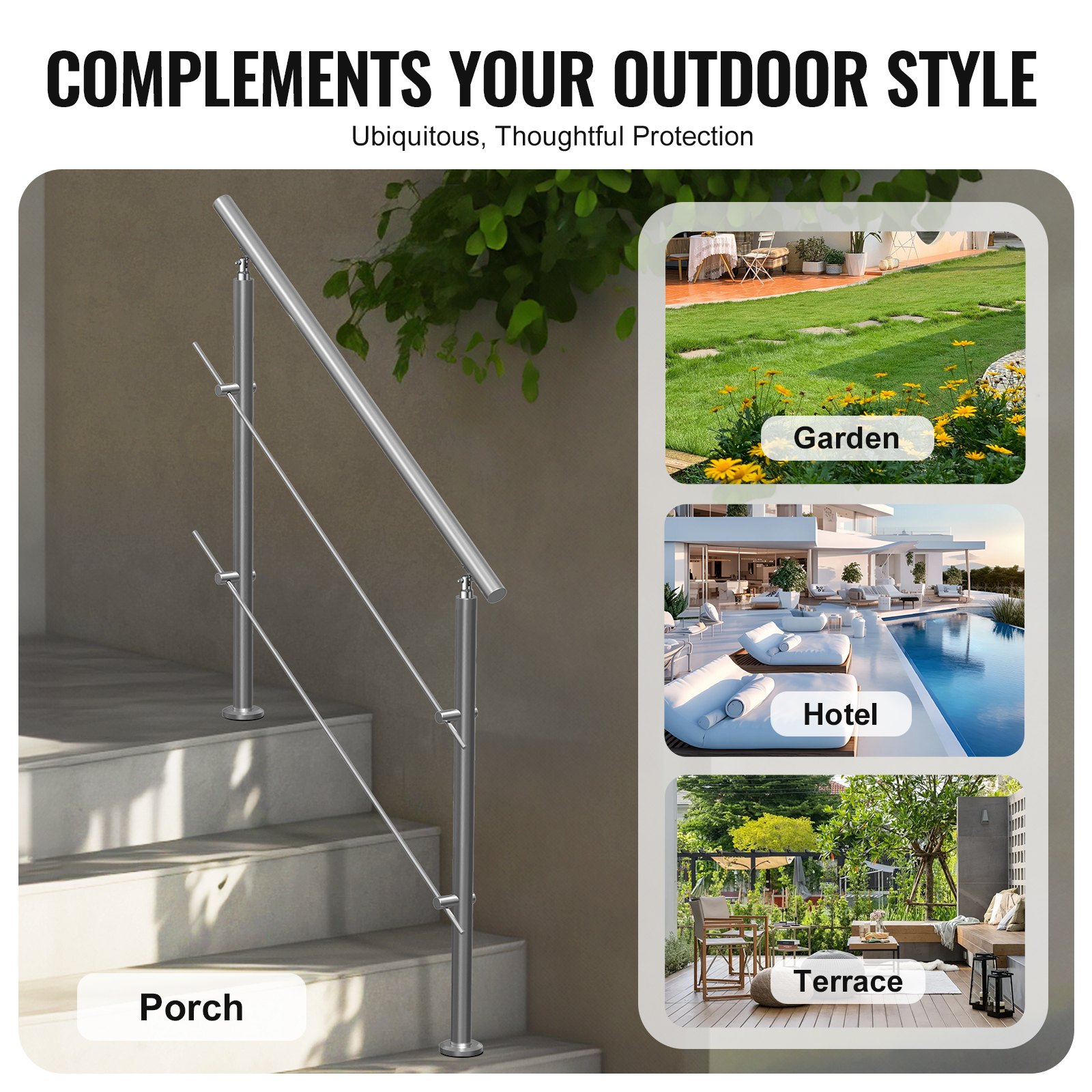 VEVOR Handrails for Outdoor Steps, 120cm Length 2 Crossbars Stair Hand Rail Kit, Transitional Stainless Steel Railings w/ Installation Kit, Double-column Staircase Handrails for Seniors,Porch & Deck
