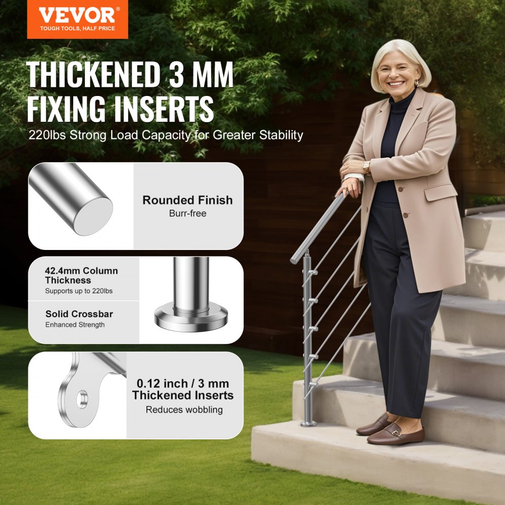VEVOR Handrails for Outdoor Steps, 59 in Length 5 Crossbars Stair Hand Rail Kit, Transitional Stainless Steel Railings w/ Installation Kit, Double-column Staircase Handrails for Seniors,Porch & Deck