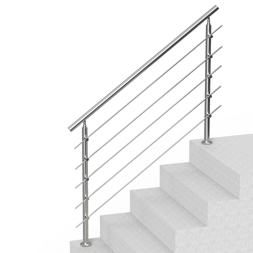 VEVOR Handrails for Outdoor Steps, 59 in Length 5 Crossbars Stair Hand Rail Kit, Transitional Stainless Steel Railings w/ Installation Kit, Double-column Staircase Handrails for Seniors,Porch & Deck