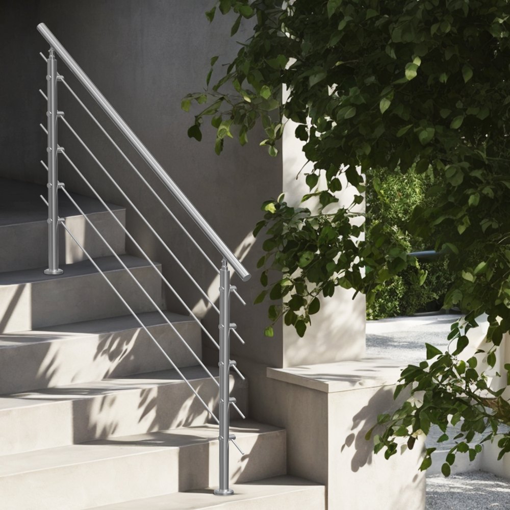 VEVOR Handrails for Outdoor Steps, 150cm Length 5 Crossbars Stair Hand Rail Kit, Transitional Stainless Steel Railings w/ Installation Kit, Double-column Staircase Handrails for Seniors,Porch & Deck