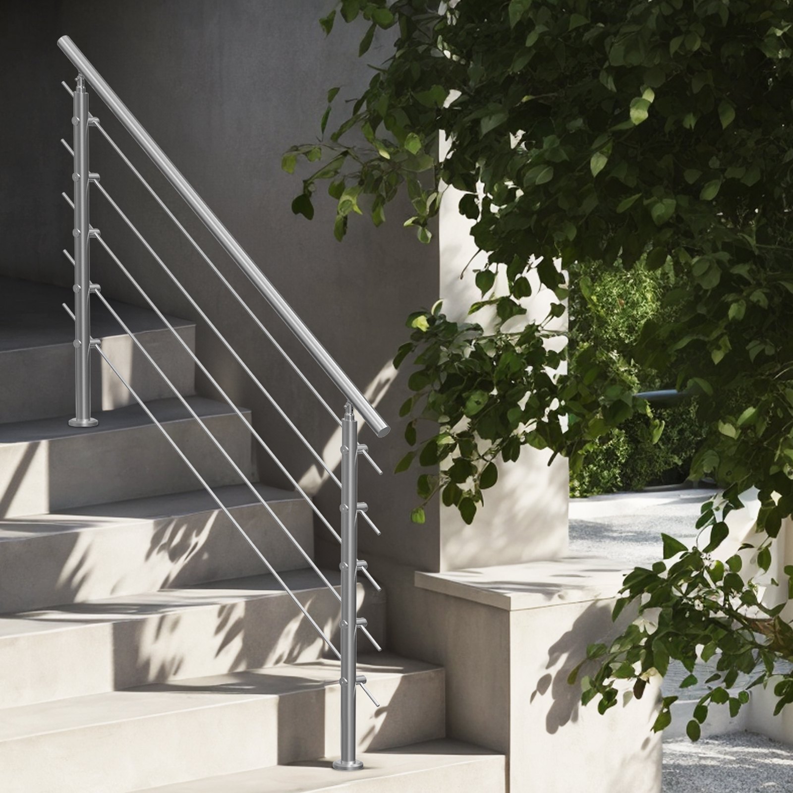 VEVOR Handrails for Outdoor Steps, 59 in Length 5 Crossbars Stair Hand Rail Kit, Transitional Stainless Steel Railings w/ Installation Kit, Double-column Staircase Handrails for Seniors,Porch & Deck