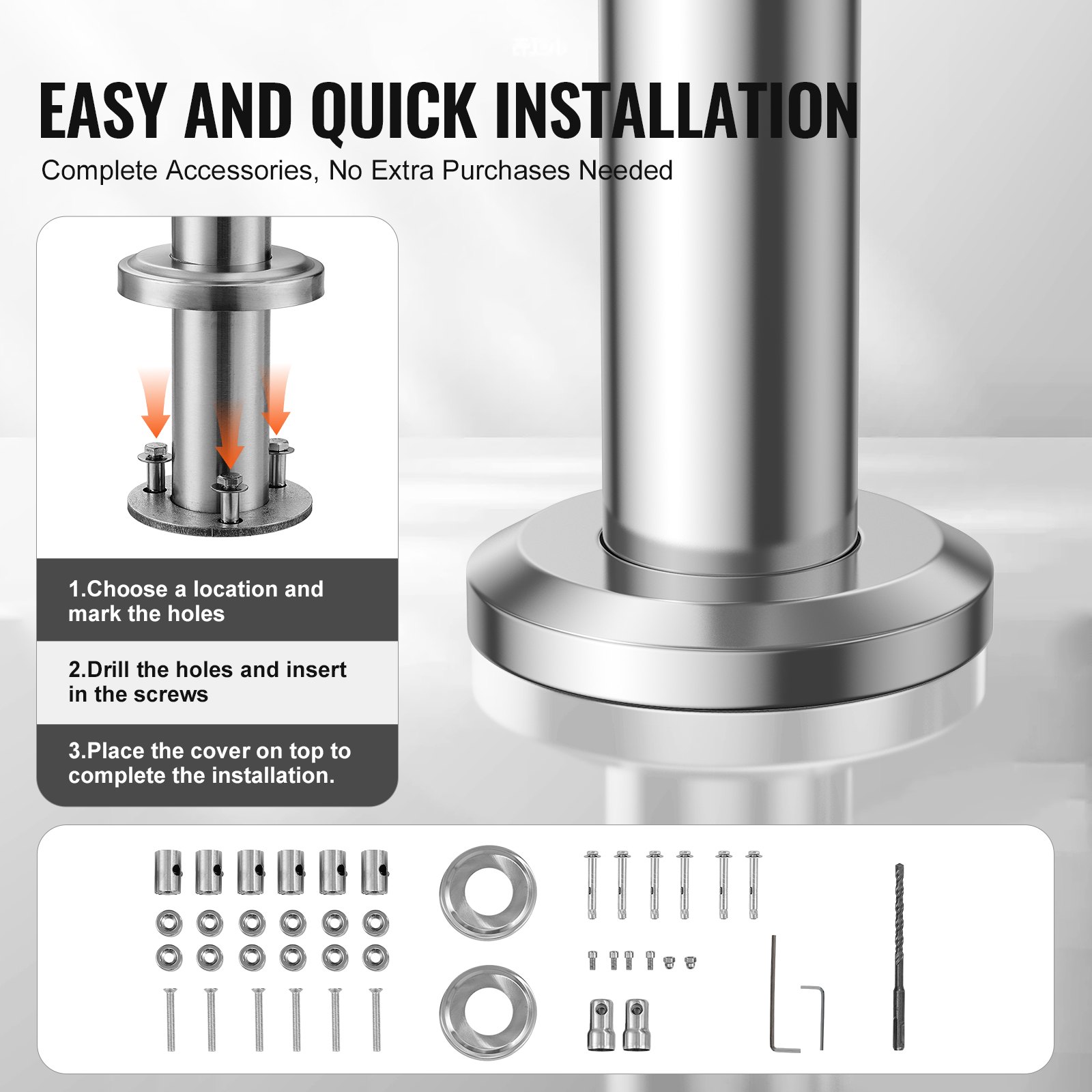 VEVOR Handrails for Outdoor Steps, 150cm Length 3 Crossbars Stair Hand Rail Kit, Transitional Stainless Steel Railings w/ Installation Kit, Double-column Staircase Handrails for Seniors,Porch & Deck