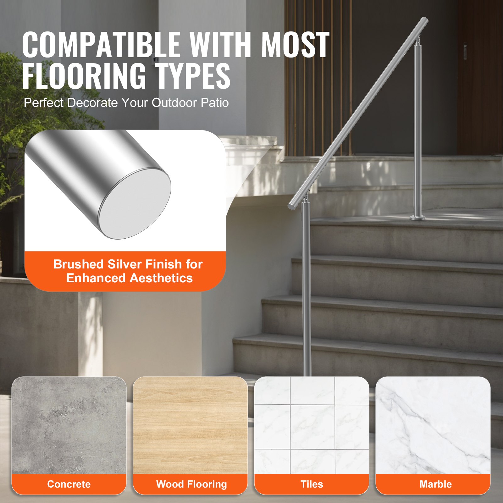 VEVOR Handrails for Outdoor Steps, 150cm Length Stair Hand Rail Kit, Transitional Stainless Steel Railings with Installation Kit, Double-column Staircase Handrails for Seniors,Porch & Deck