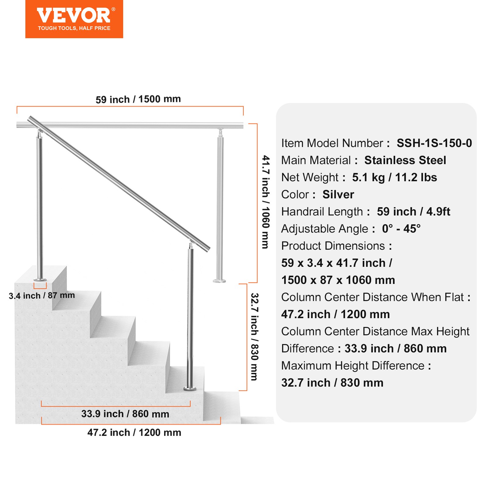 VEVOR Handrails for Outdoor Steps, 150cm Length Stair Hand Rail Kit, Transitional Stainless Steel Railings with Installation Kit, Double-column Staircase Handrails for Seniors,Porch & Deck