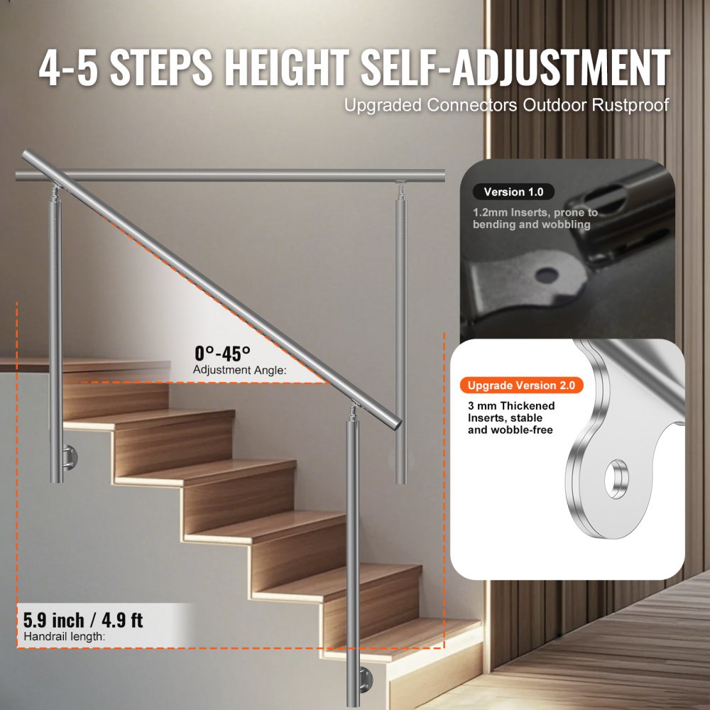 VEVOR Handrails for Outdoor Steps, 150cm Length Stair Rail Kit, Transitional Stainless Steel Railings with Installation Kit,Double-column Staircase Handrails for Seniors,Porch&Deck, Side-mount