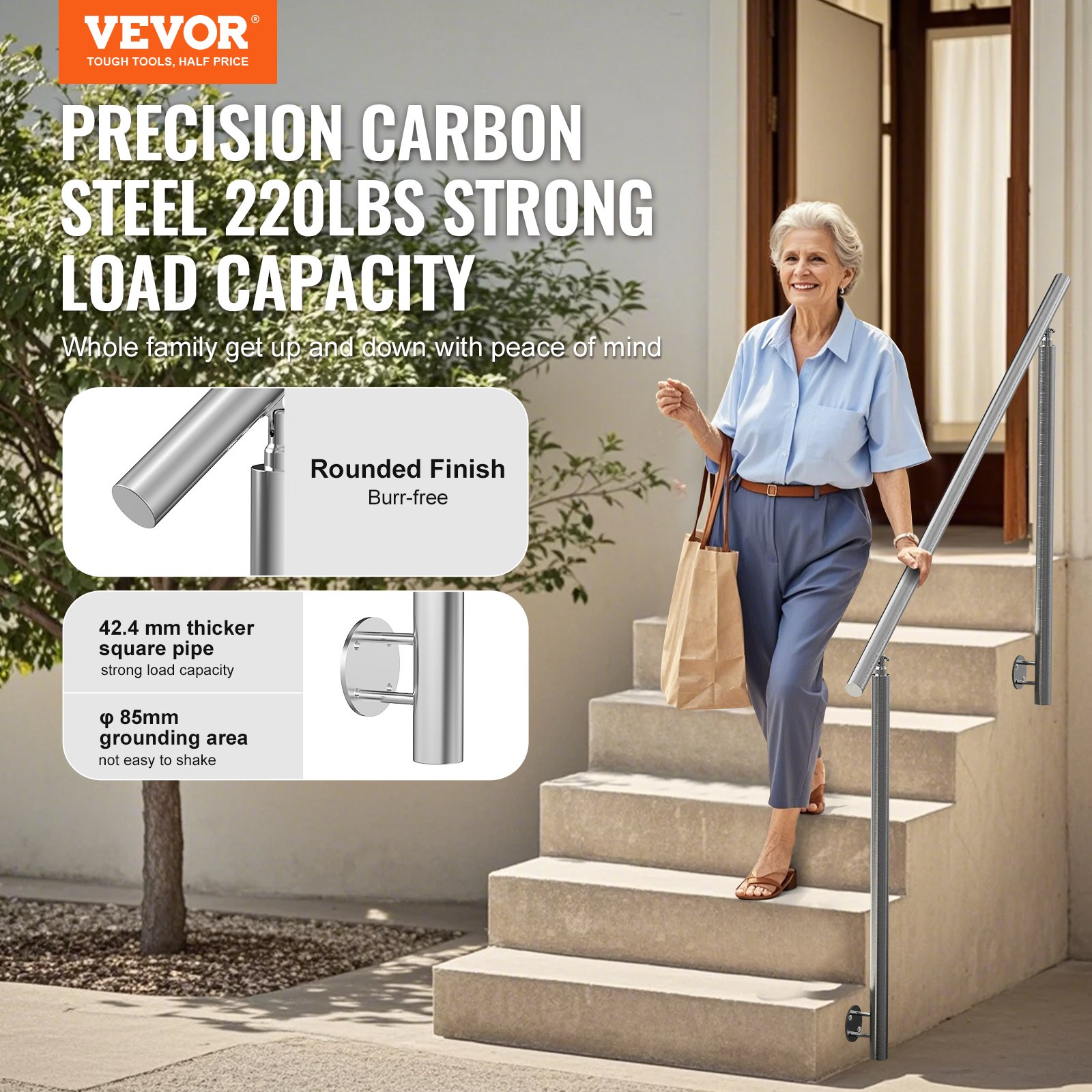 VEVOR Handrails for Outdoor Steps, 150cm Length Stair Rail Kit, Transitional Stainless Steel Railings with Installation Kit,Double-column Staircase Handrails for Seniors,Porch&Deck, Side-mount