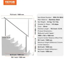 VEVOR Handrails for Outdoor Steps, 70.9 in/ 180cm Length Stair Hand Rail Kit, Transitional Stainless Steel Railings with Installation Kit, Double-column Staircase Handrails for Seniors,Porch & Deck
