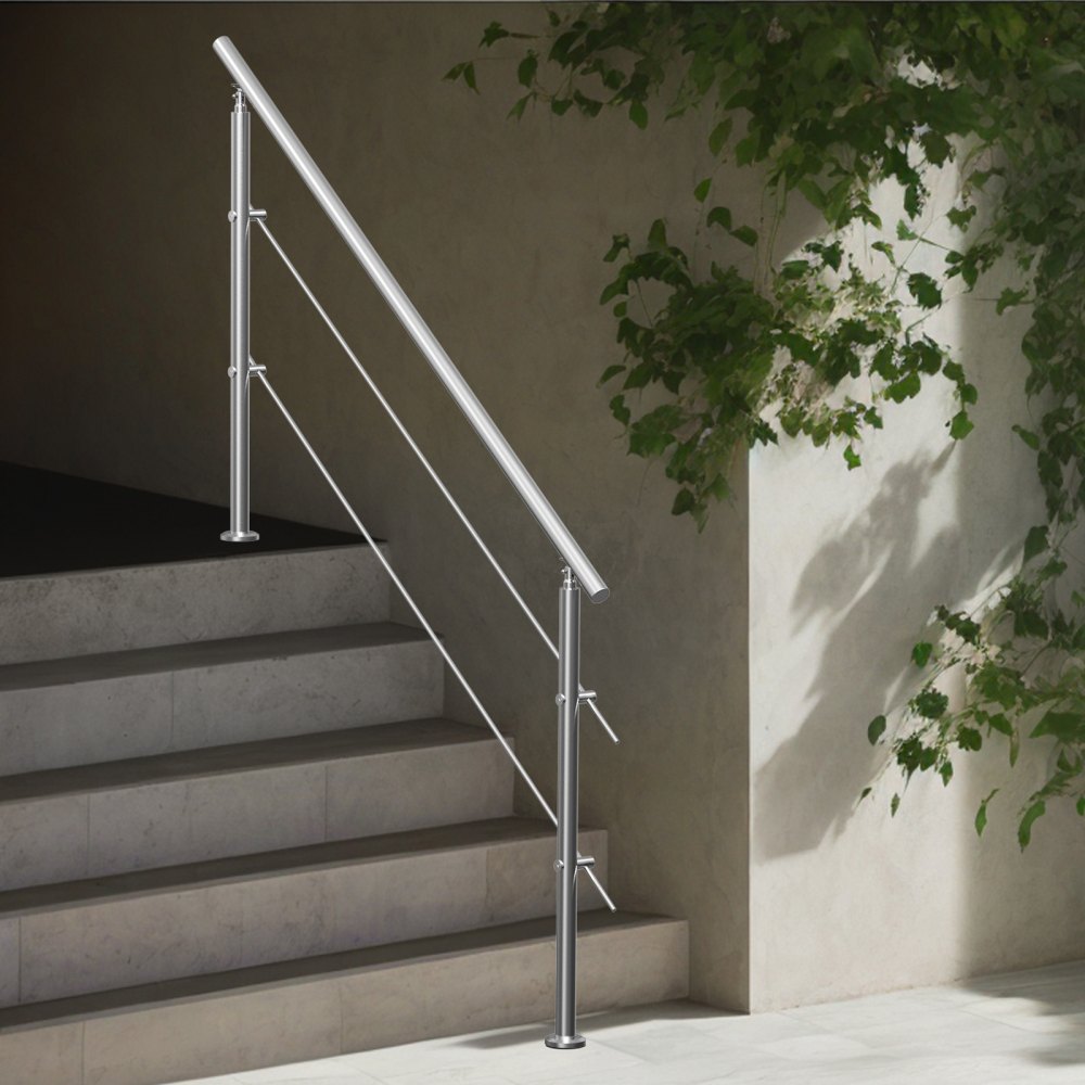 VEVOR Handrails for Outdoor Steps, 180cm Length 2 Crossbars Stair Hand Rail Kit, Transitional Stainless Steel Railings w/ Installation Kit, Double-column Staircase Handrails for Seniors,Porch & Deck