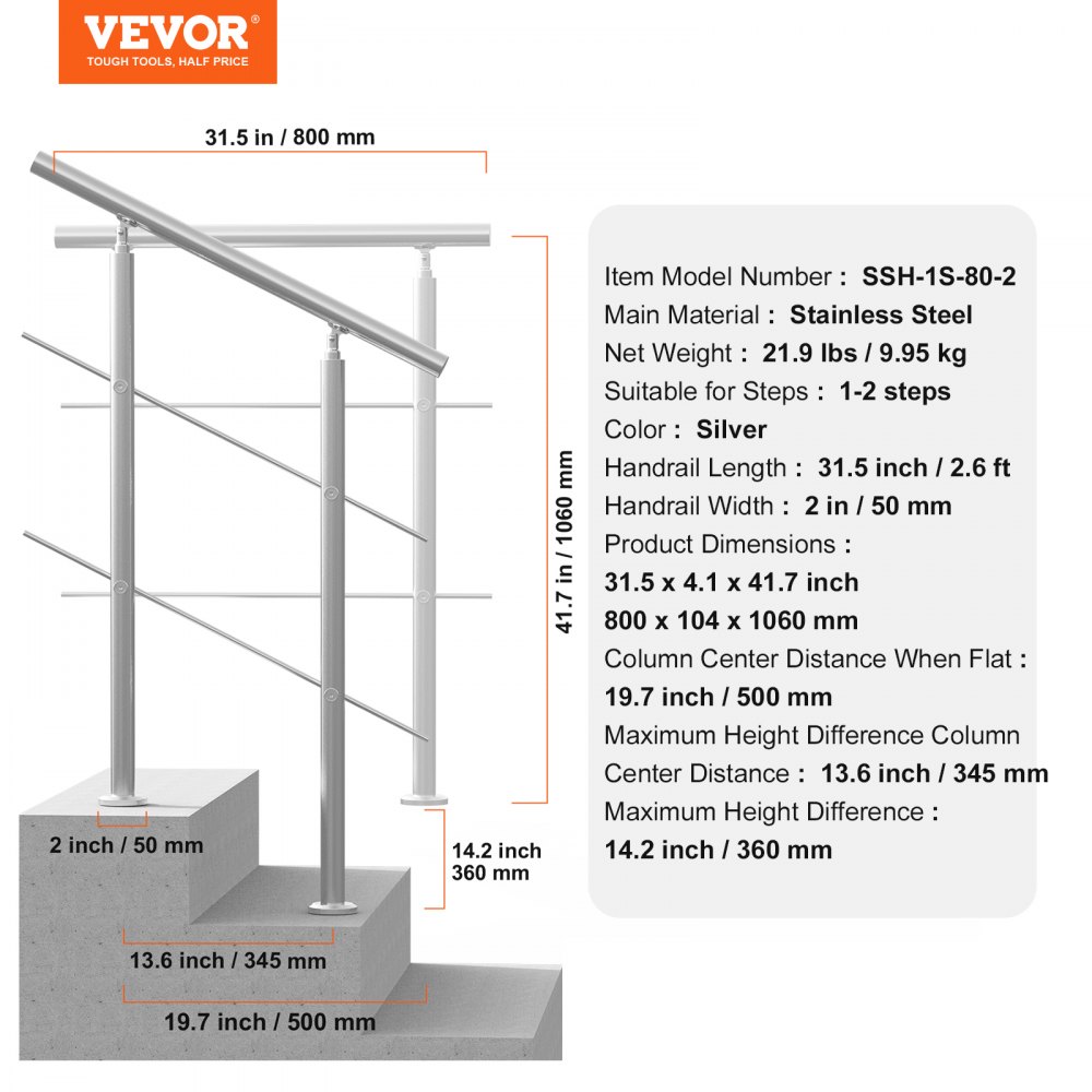 VEVOR Handrails for Outdoor Steps, 31.5in Length 2 Crossbars Stair Hand Rail Kit, Transitional Stainless Steel Railings w/ Installation Kit, Double-column Staircase Handrails for Seniors,Porch & Deck