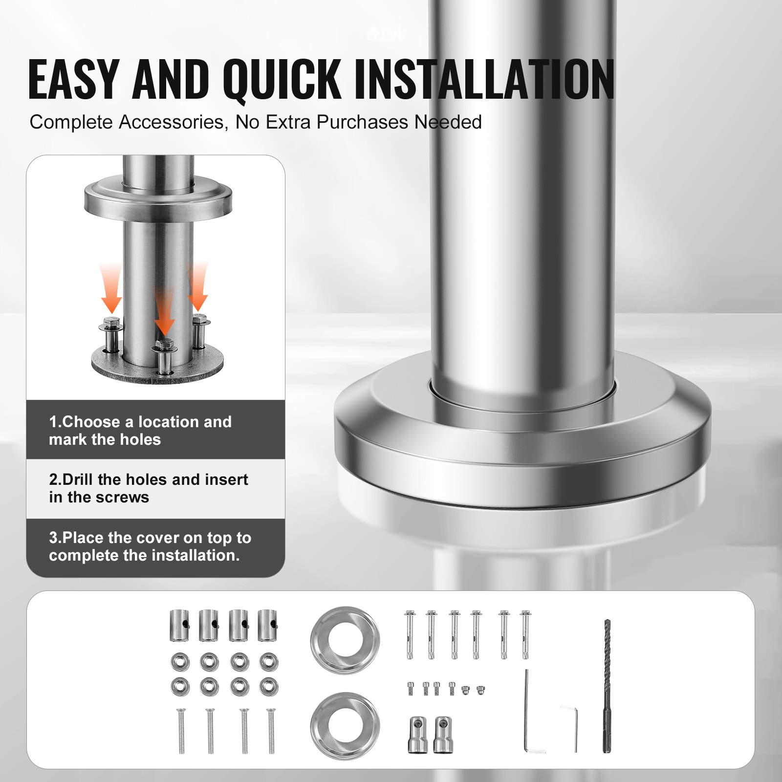 VEVOR Handrails for Outdoor Steps, 80cm Length 2 Crossbars Stair Hand Rail Kit, Transitional Stainless Steel Railings w/ Installation Kit, Double-column Staircase Handrails for Seniors,Porch & Deck