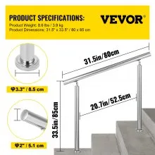 VEVOR Stainless Steel Handrail 551LBS Load Handrail for Outdoor Steps 32x34" Outdoor Stair Railing Silver Stair Handrail Transitional Range from 0 to 90° Stair Rail Fits 1-2 Steps with Screw Kit