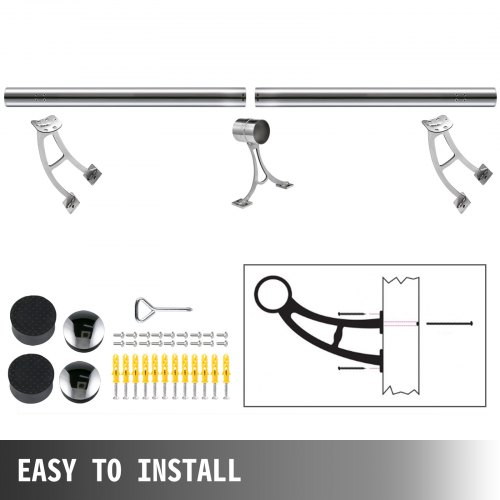 VEVOR 2''OD Bar Foot Rail Kit 5FT Length Solid Bar Mount Foot Rail Kit, Brushed Stainless Steel Tubing, Bar Foot Rail Tubing Kit for Wall, Bar Foot Rest w/2 Wall Mount Brackets and 2 Flat End Caps