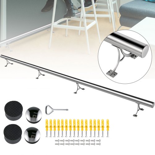 VEVOR Kit de riel para pie de barra de 2 pulgadas de diámetro exterior, 9 pies de longitud, kit de riel para pie de montaje en barra sólida, tubería de acero inoxidable cepillado, kit de tubería para riel para pie de barra para piso, reposapiés de barra con 2 soportes de montaje en piso y 2 tapas de extremo plano