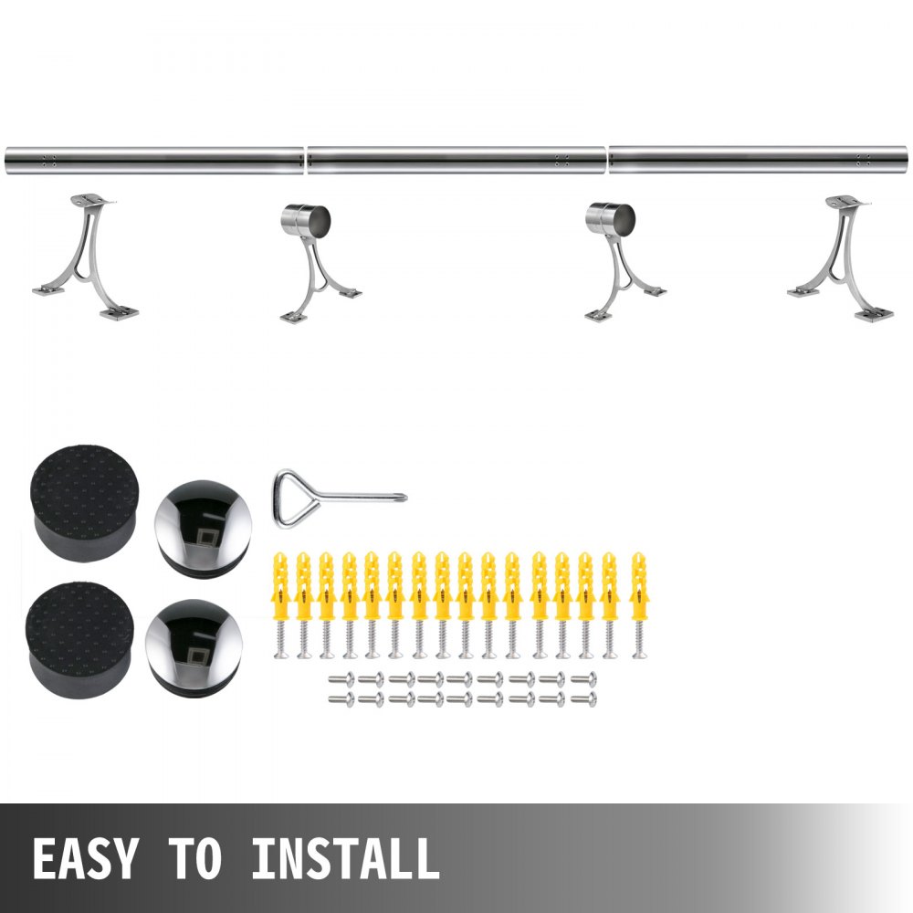 VEVOR 2''OD Bar Foot Rail Kit 9FT Length Solid Bar Mount Foot Rail Kit,Brushed Stainless Steel Tubing,Bar Foot Rail Tubing Kit for Floor,Bar Foot Rest w/2 Floor Mount Brackets & 2 Flat End Caps