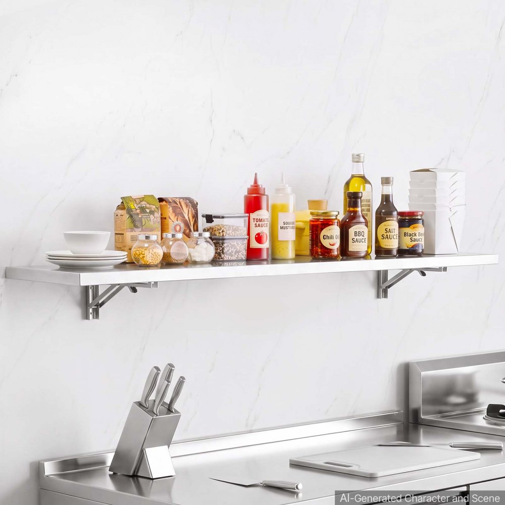 VEVOR Stainless Steel Shelf 12" x 72" Foldable Wall Mount Floating Shelf, Heavy-Duty Commercial Shelves with Brackets, 300LBS Capacity, Easy to Clean, Suitable for Restaurant, Home Kitchen, Garage