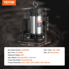 VEVOR Submersible Sewage Pump Water Pump 1HP 5770GPH 34 ft Lift for Basement