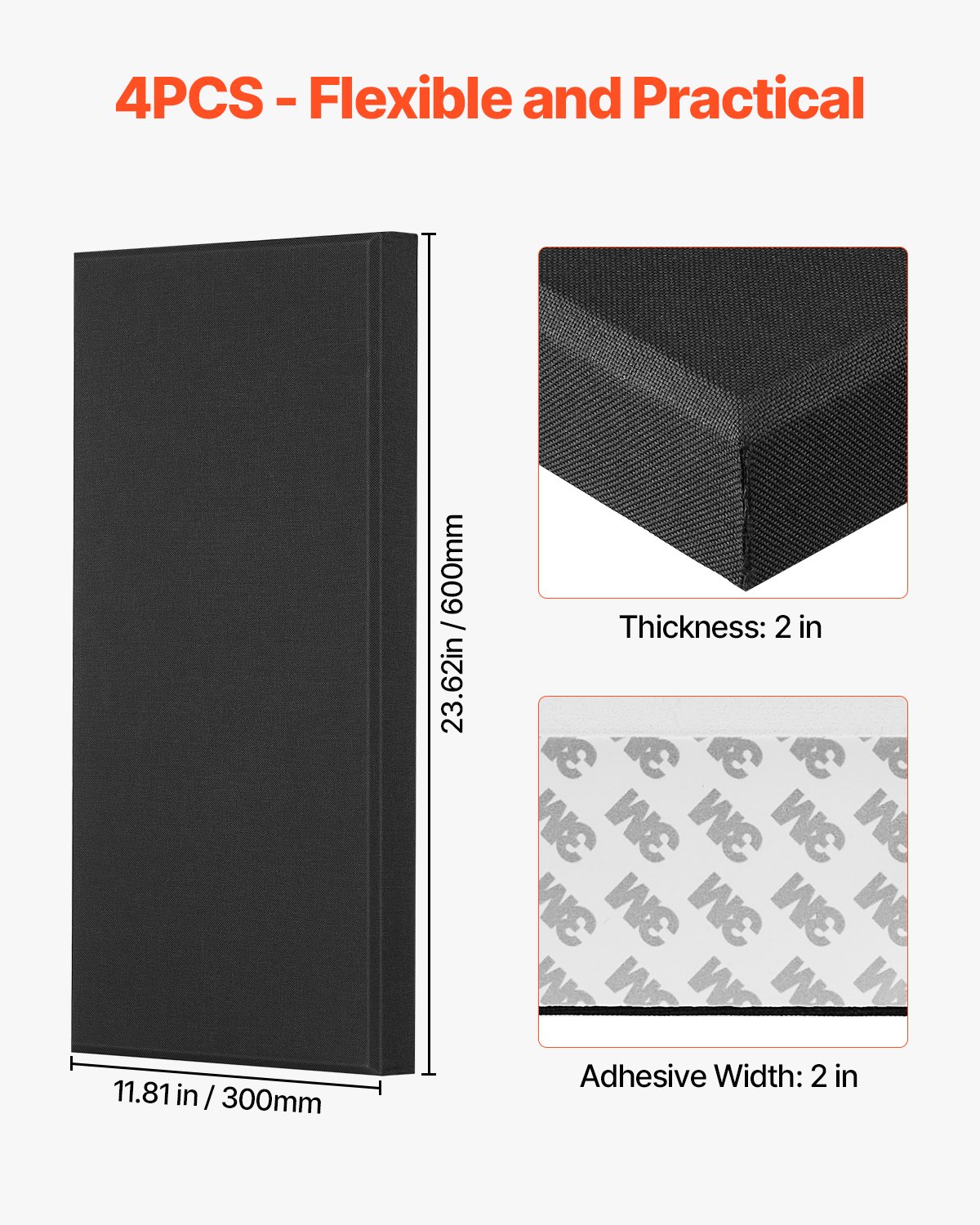 VEVOR 4 PCS Acoustic Panels, 5cm Thick 60 x 30 cm Fiberglass Sound Absorbing Panels, Self-adhesive Soundproof Wall Boards, for Studios, Office, Home Theater,Meeting Room, Black