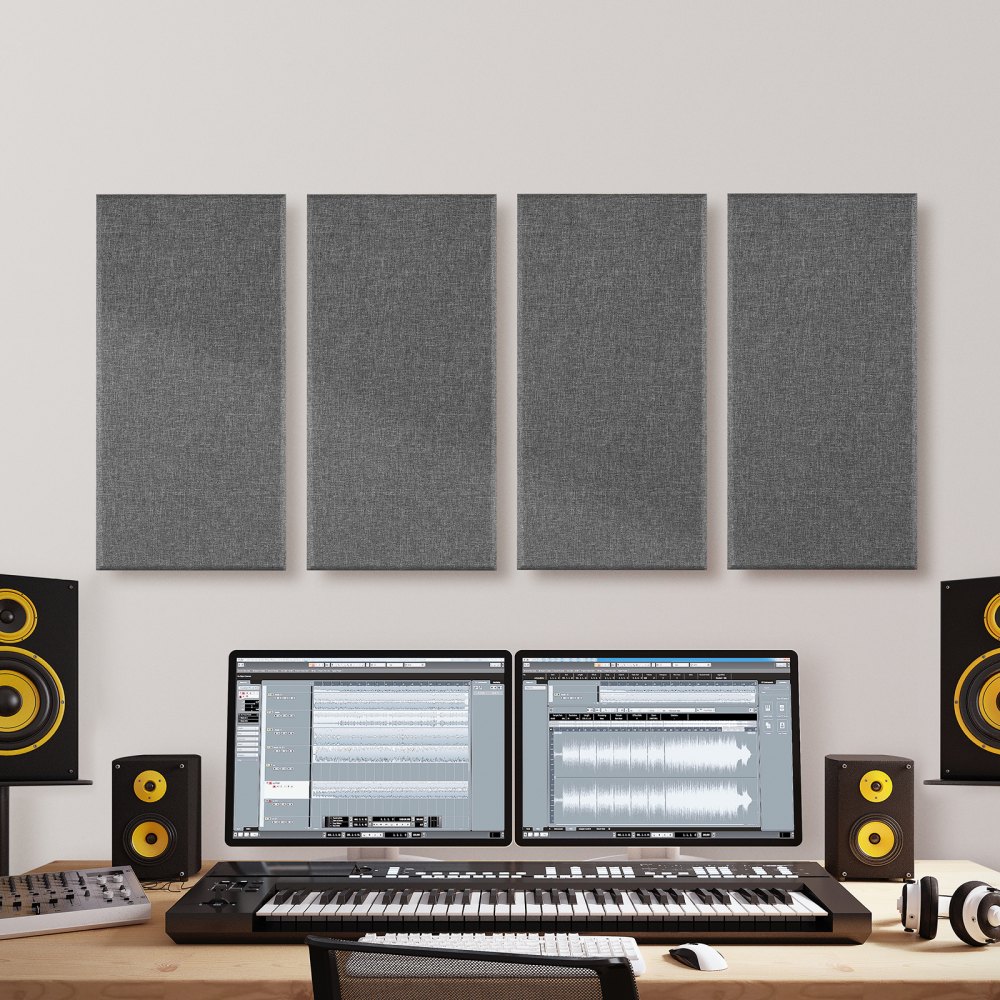 VEVOR 4 PCS Acoustic Panels, 2 inch Thick 23.6 x 11.8 inch Fiberglass Sound Absorbing Panels, Self-adhesive Soundproof Wall Boards, for Studios, Office, Home Theater,Meeting Room, Gray