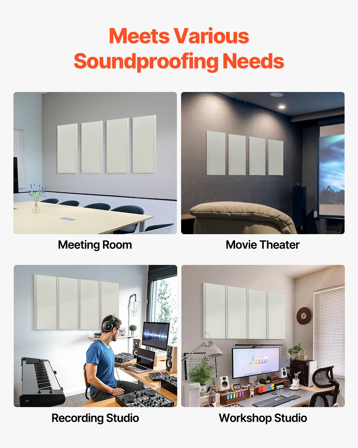VEVOR 4 PCS Acoustic Panels, 5cm Thick 60 x 30 cm Fiberglass Sound Absorbing Panels, Self-adhesive Soundproof Wall Boards, for Studios, Office, Home Theater,Meeting Room, Beige