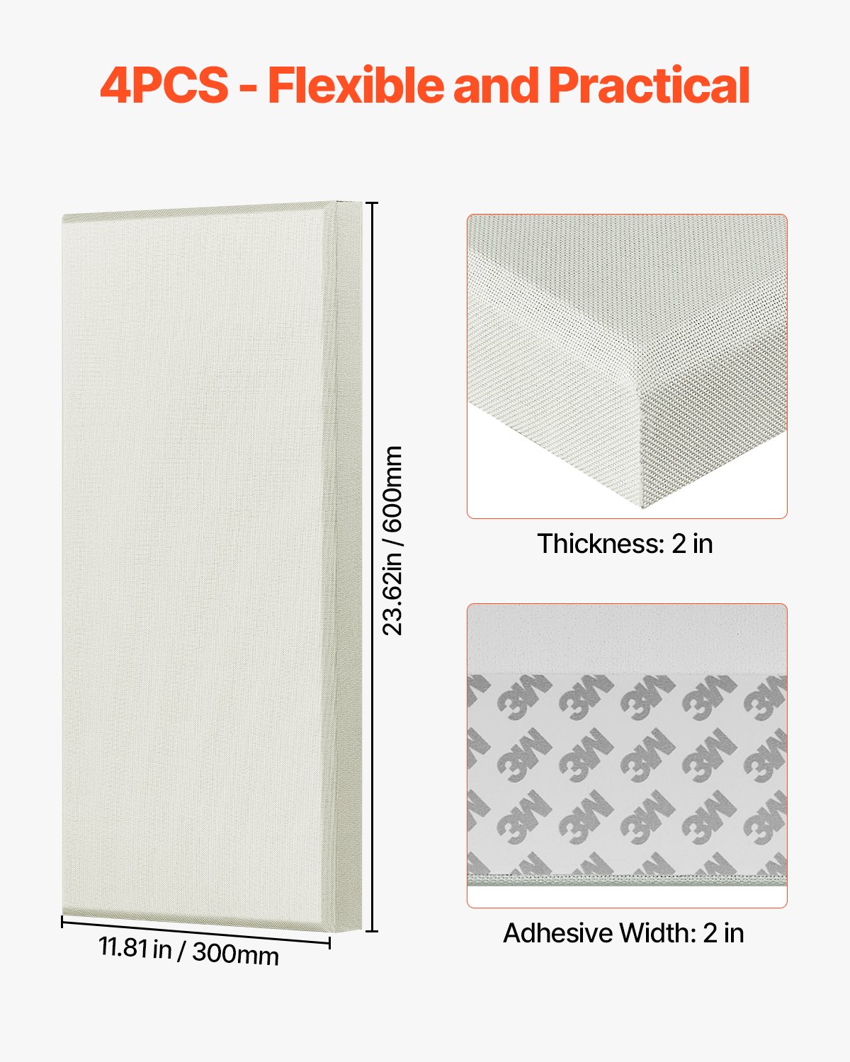 VEVOR 4 PCS Acoustic Panels, 5cm Thick 60 x 30 cm Fiberglass Sound Absorbing Panels, Self-adhesive Soundproof Wall Boards, for Studios, Office, Home Theater,Meeting Room, Beige