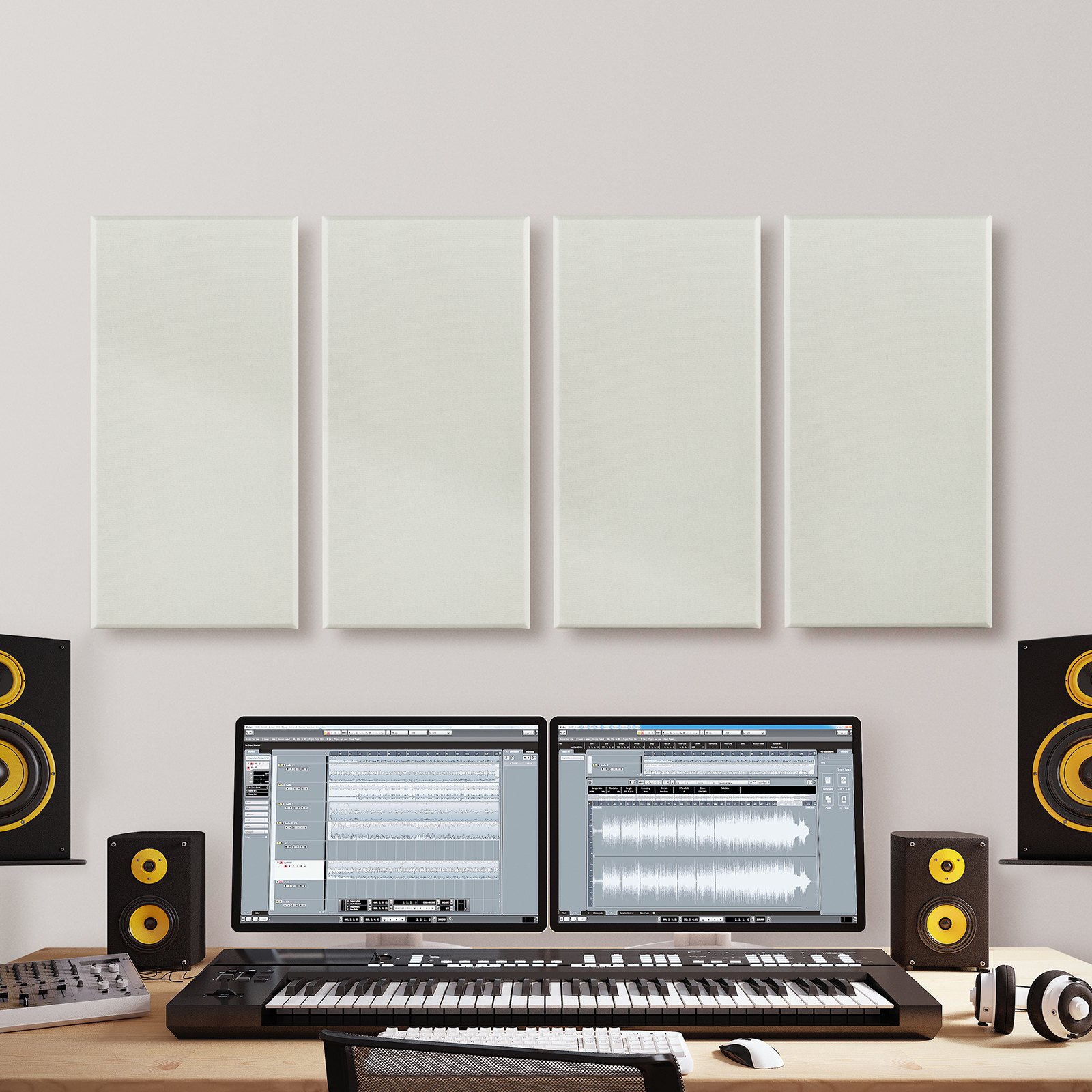 VEVOR 4 PCS Acoustic Panels, 5cm Thick 60 x 30 cm Fiberglass Sound Absorbing Panels, Self-adhesive Soundproof Wall Boards, for Studios, Office, Home Theater,Meeting Room, Beige