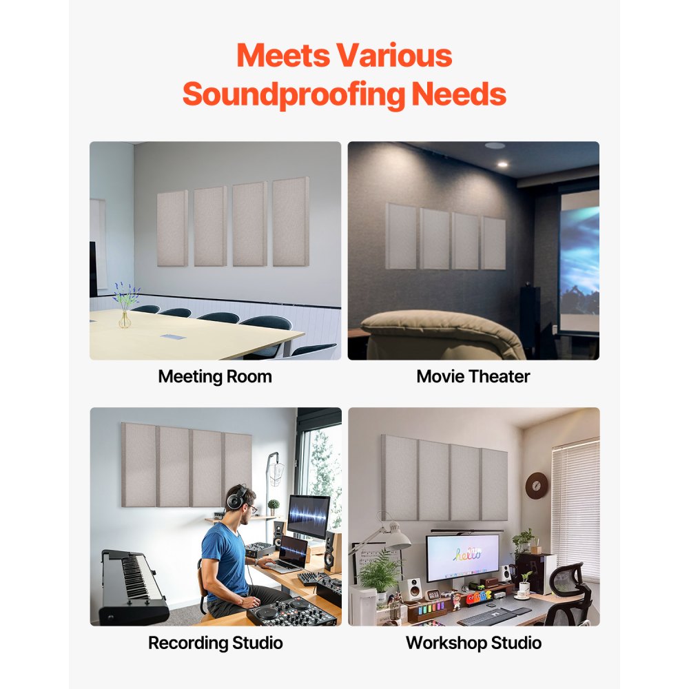VEVOR 4 PCS Acoustic Panels, 5cm Thick 60 x 30 cm Fiberglass Sound Absorbing Panels, Self-adhesive Soundproof Wall Boards, for Studios, Office, Home Theater,Meeting Room, Camel