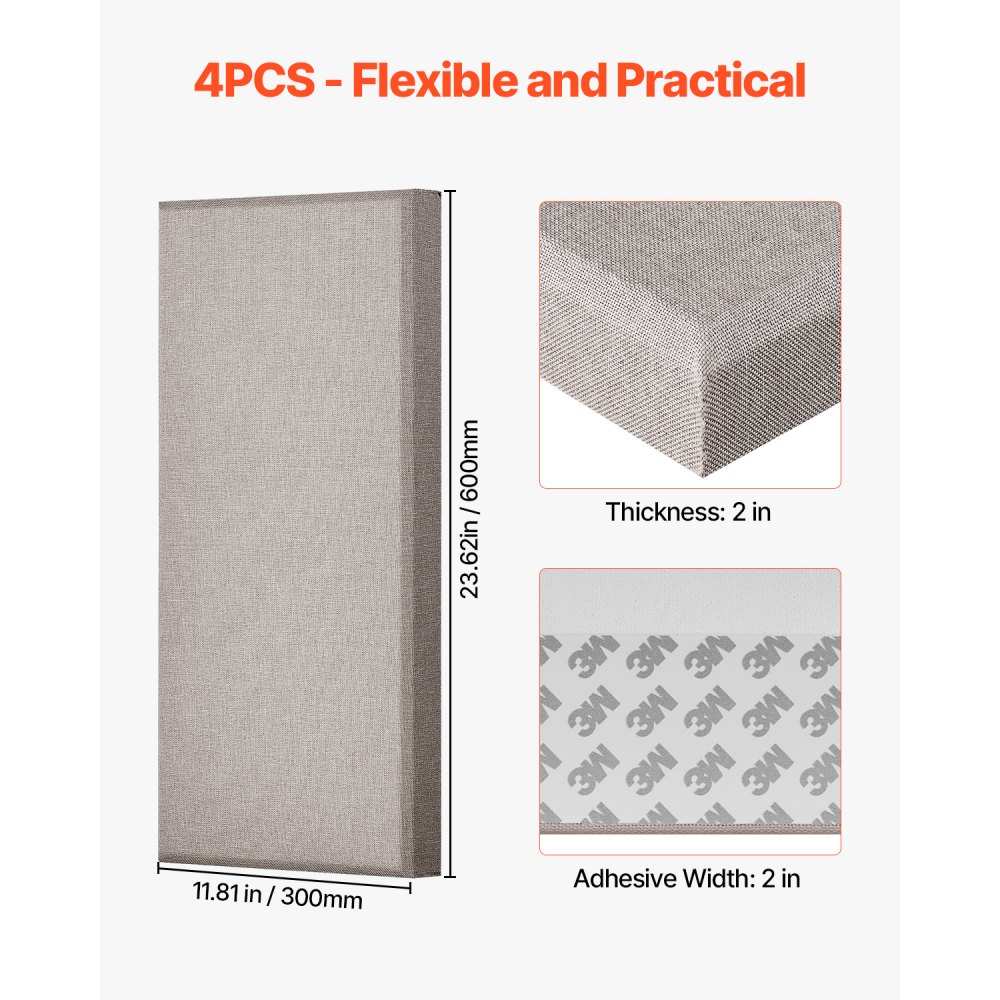 VEVOR 4 PCS Acoustic Panels, 5cm Thick 60 x 30 cm Fiberglass Sound Absorbing Panels, Self-adhesive Soundproof Wall Boards, for Studios, Office, Home Theater,Meeting Room, Camel