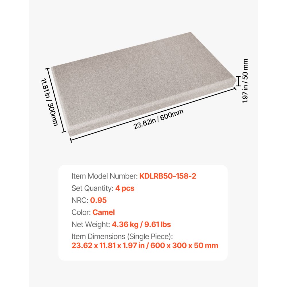 VEVOR 4 PCS Acoustic Panels, 5cm Thick 60 x 30 cm Fiberglass Sound Absorbing Panels, Self-adhesive Soundproof Wall Boards, for Studios, Office, Home Theater,Meeting Room, Camel